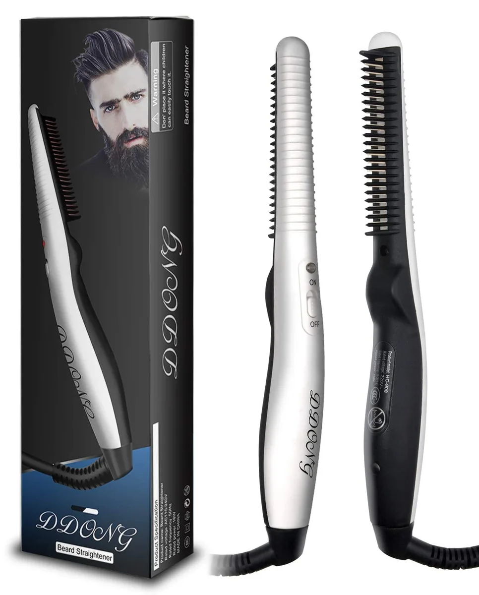 A black electric beard straightening brush with a 360-degree swivel cord and comb-like heated teeth