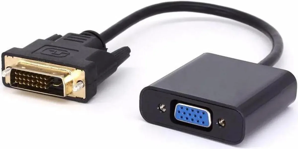 Short black cable with DVI-D male plug and VGA female socket