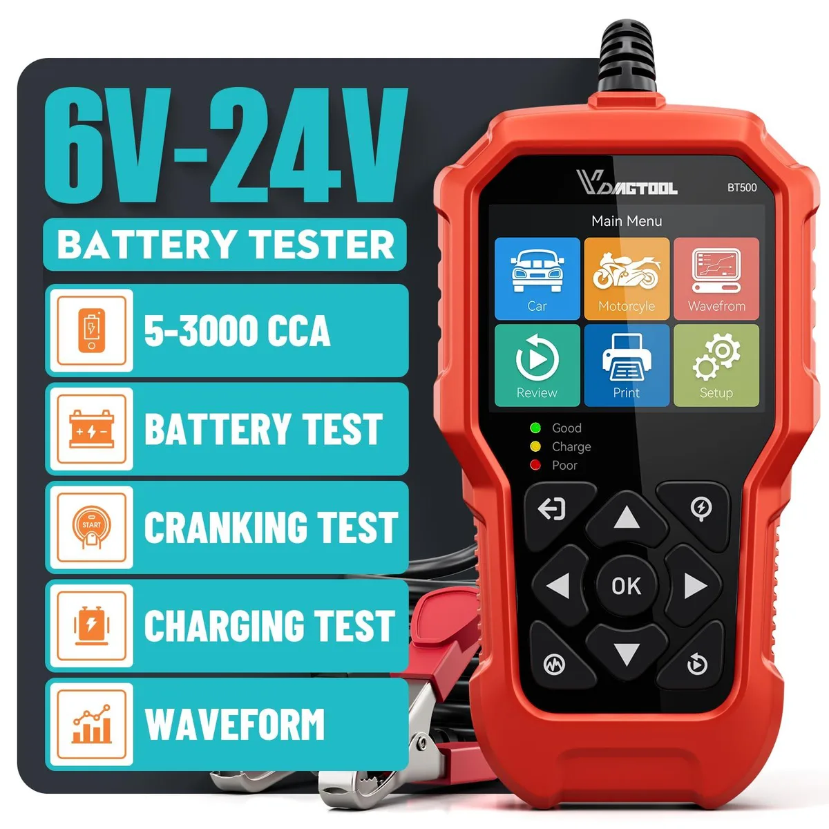 VDIAGTOOL BT500 6V 12V 24V Battery Load Tester — product photo