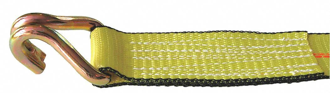 Yellow polyester ratchet tie-down strap with steel U-hooks, 27 ft long, 4 in wide