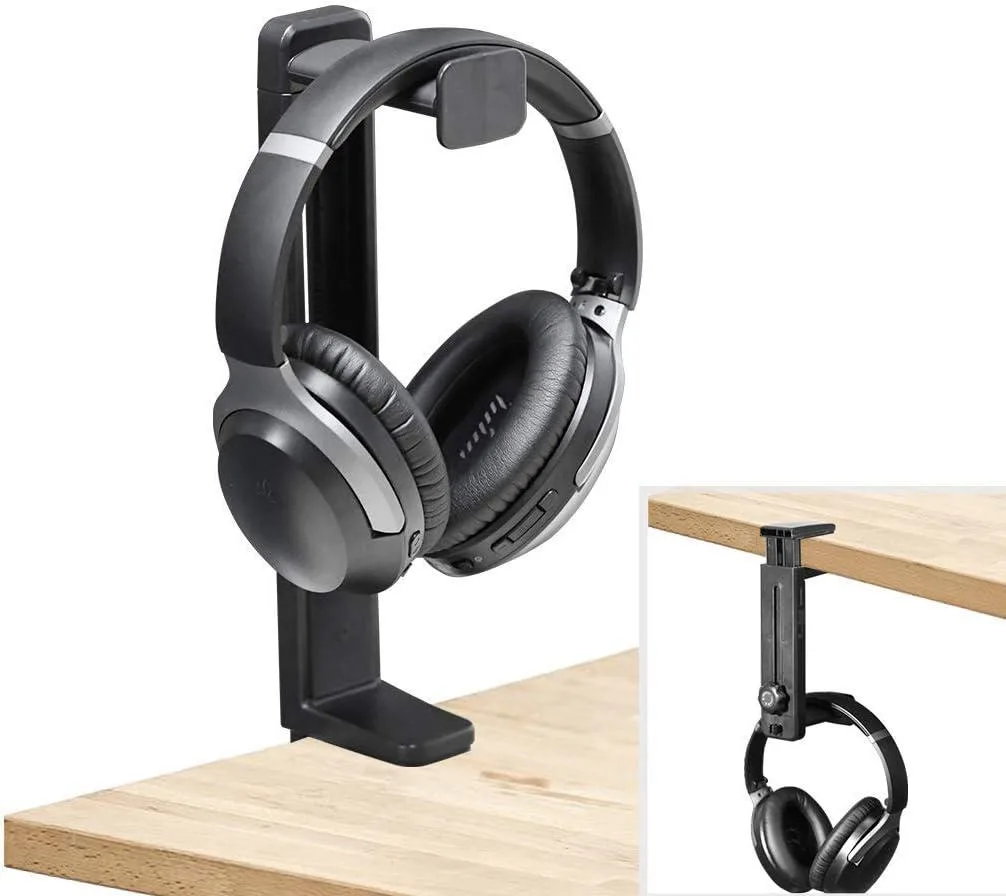 Black headphone stand and hanger with adjustable clamp mount, height-adjustable arm, 360-degree rotating hook, and cable clip