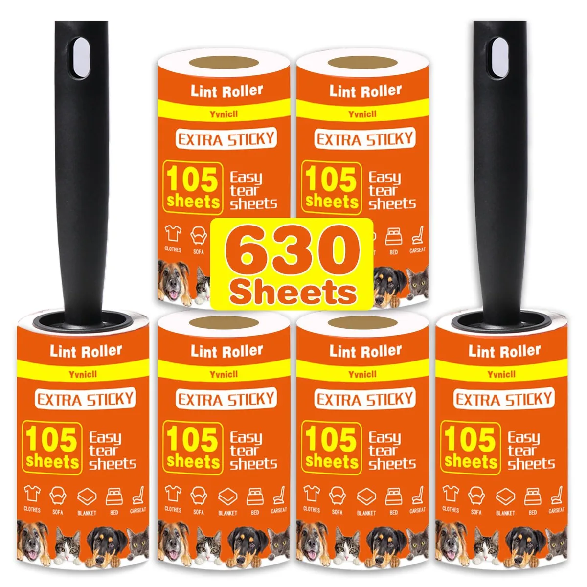 White plastic lint roller handle with multiple refill rolls, 630 sheets total
