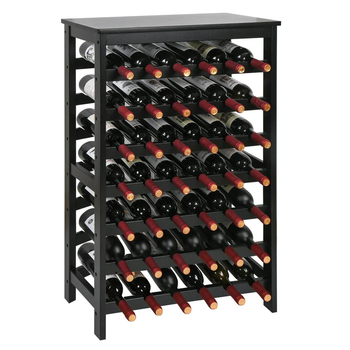 Black bamboo wine rack, seven tiers, stainless steel top, freestanding floor design
