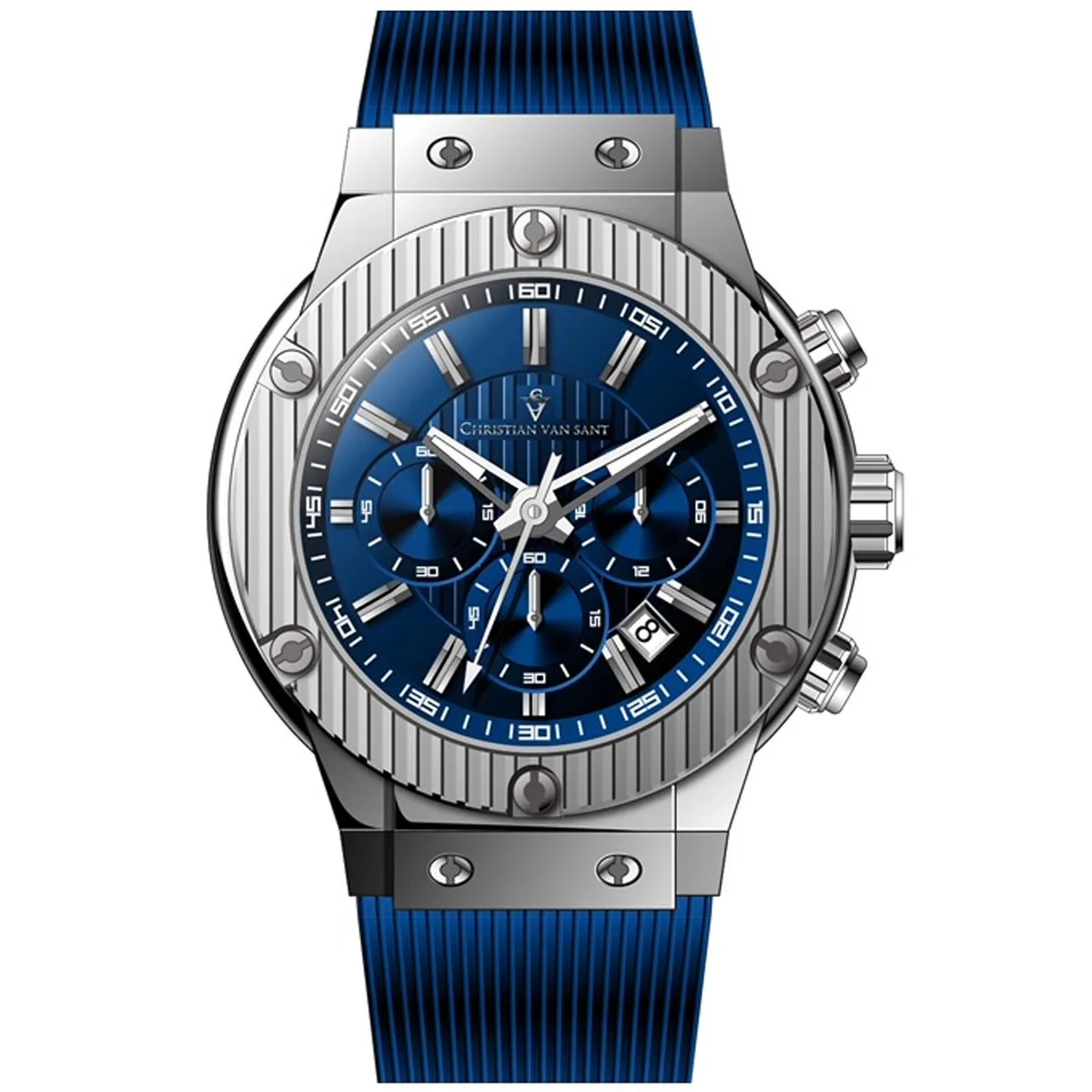 Christian Van Sant Monarchy blue dial watch with stainless steel case and rubber strap