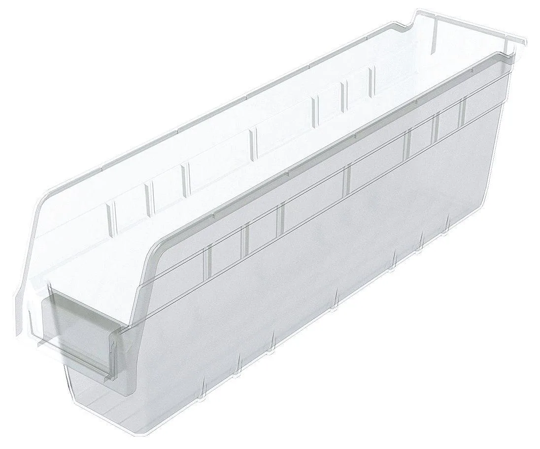 Clear plastic shelf bin, hangable and nestable, 17 7/8 in long, 4 1/8 in wide, 6 in high