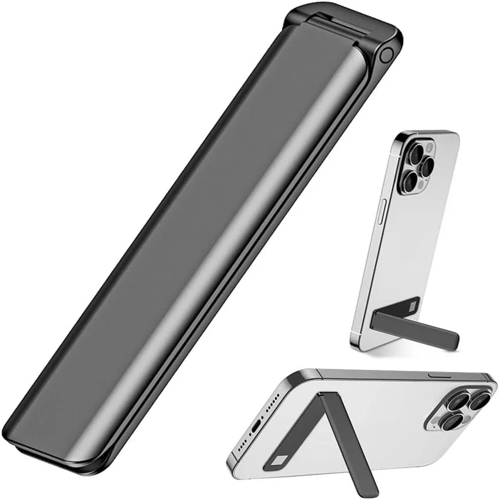 Thin black aluminum phone kickstand, 0.08 inches thick, folds flat