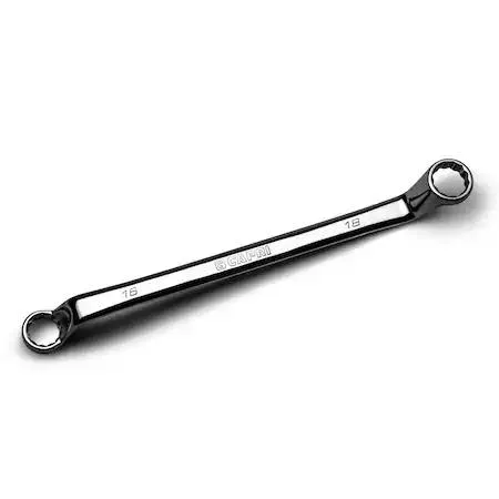 Two chrome wrenches with deep offset 12-point box ends sized 16 mm and 18 mm