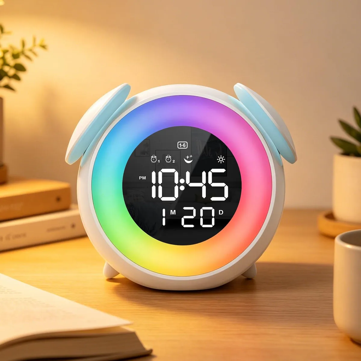 White rectangular LED alarm clock with rounded edges, tabletop design