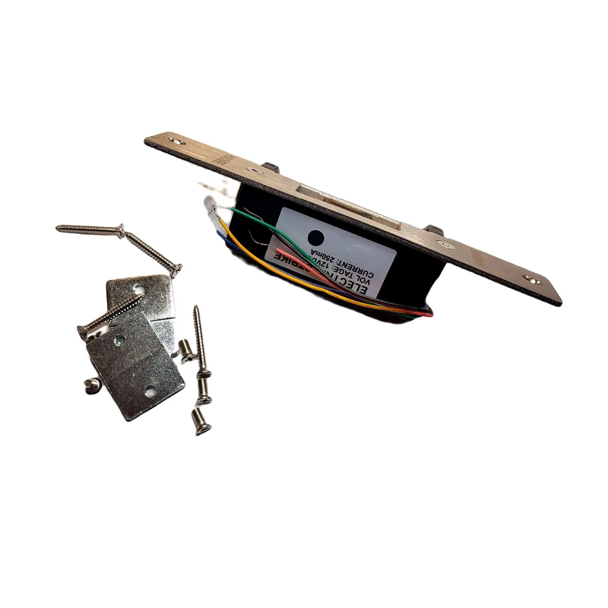 Rectangular metal electric strike lock with four-wire cable and signal feedback terminals