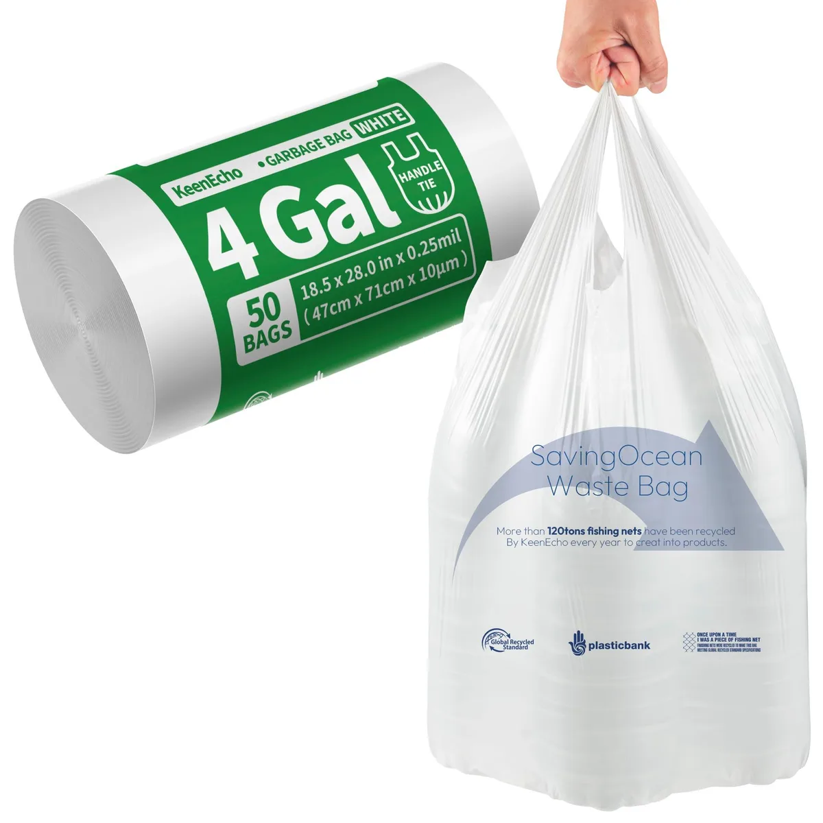 White plastic garbage bag roll, 50-count pack, 4-gallon capacity, drawstring handles visible