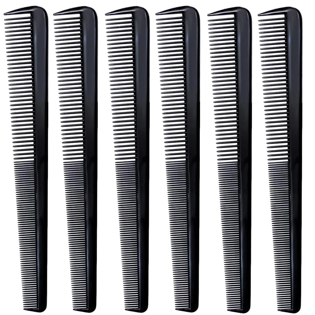 Six black plastic 7.5 inch combs with fine and wide teeth