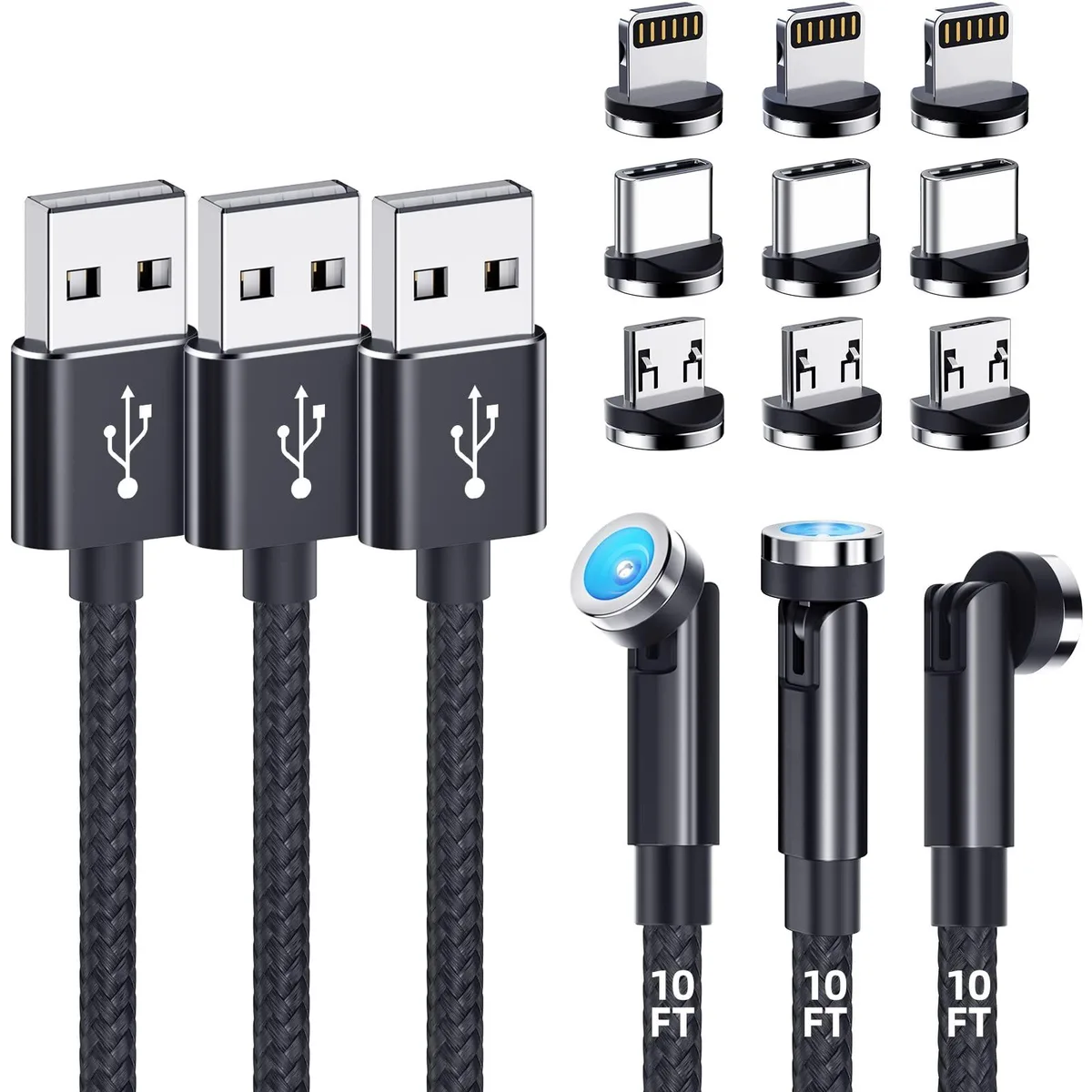 Three orange braided cables with magnetic tips and LED indicators