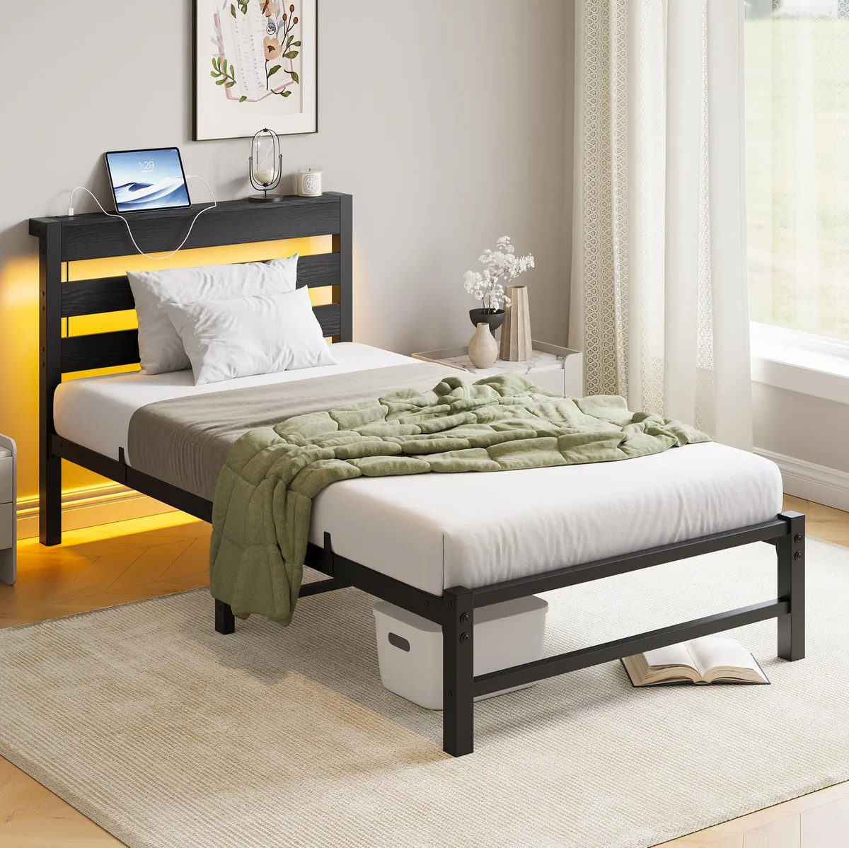 Black metal twin bed frame with wooden headboard, USB ports, RGB LED strips, steel slats, 10.6-inch under-bed clearance