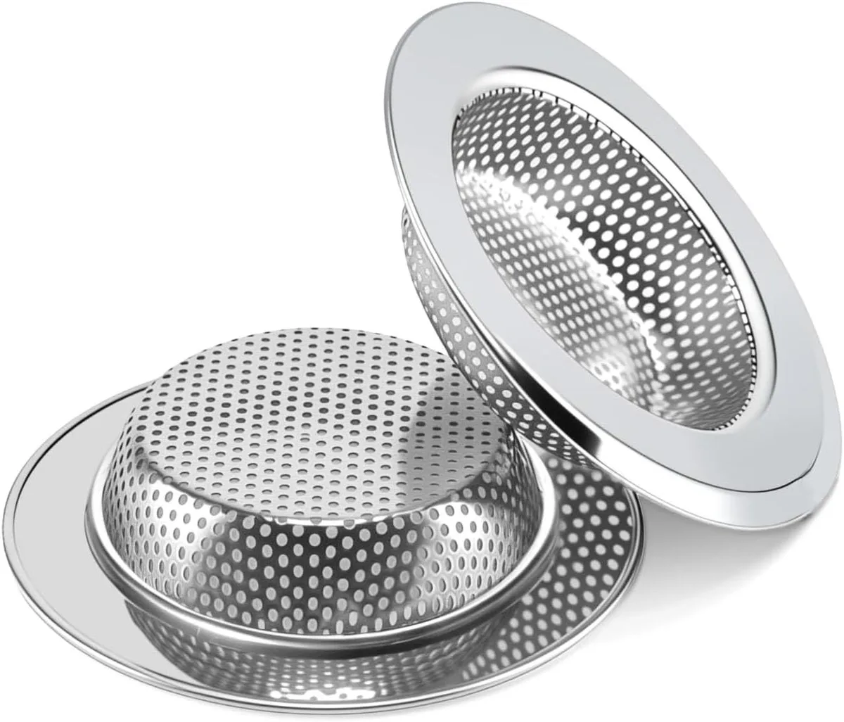 Two 4.5 inch stainless steel sink drain strainers with mirror finish and .08 inch holes