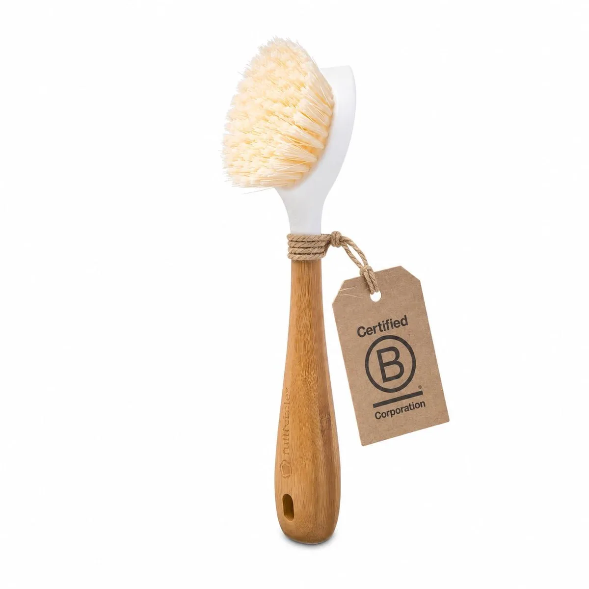White dish brush with bamboo handle and recycled plastic bristles, 24.1 cm long
