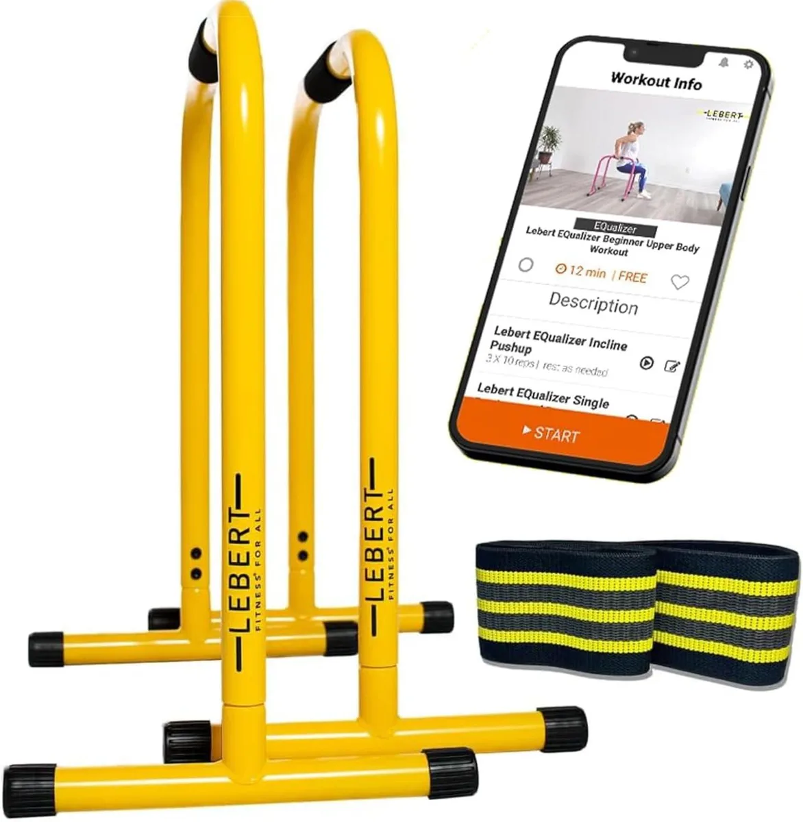 Two yellow metal dip bars with foam grips and a hip resistance band on floor