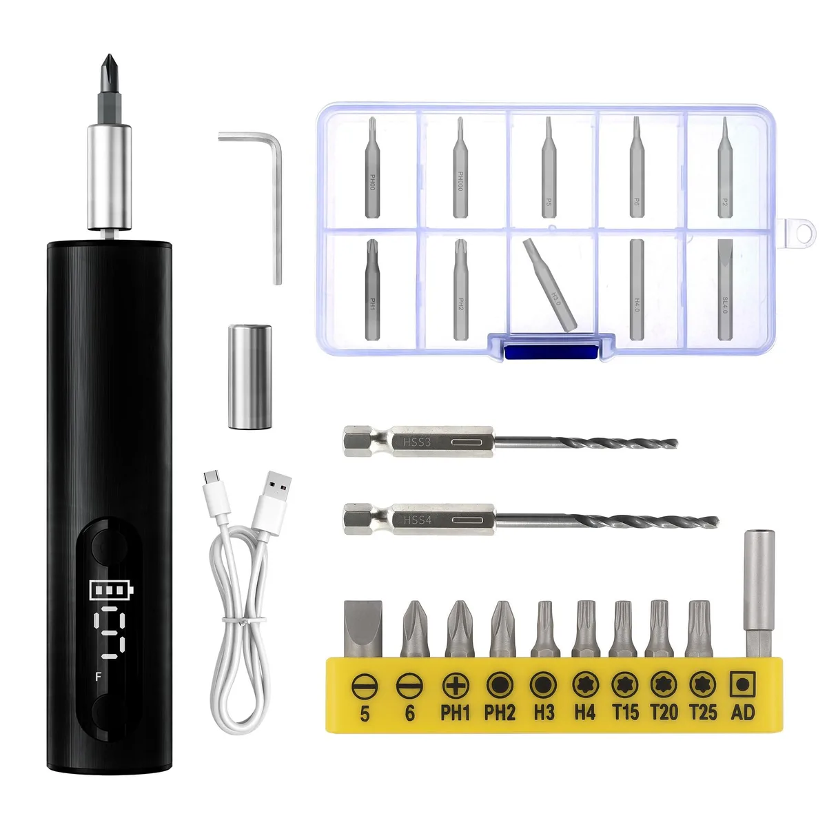 Black aluminium stick screwdriver with magnetic bits and wireless charging base