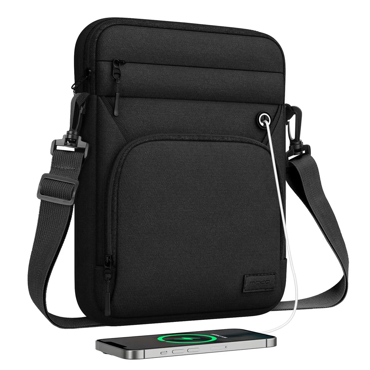 Black rectangular tablet sleeve with zip closure, detachable shoulder strap, and front zip pockets