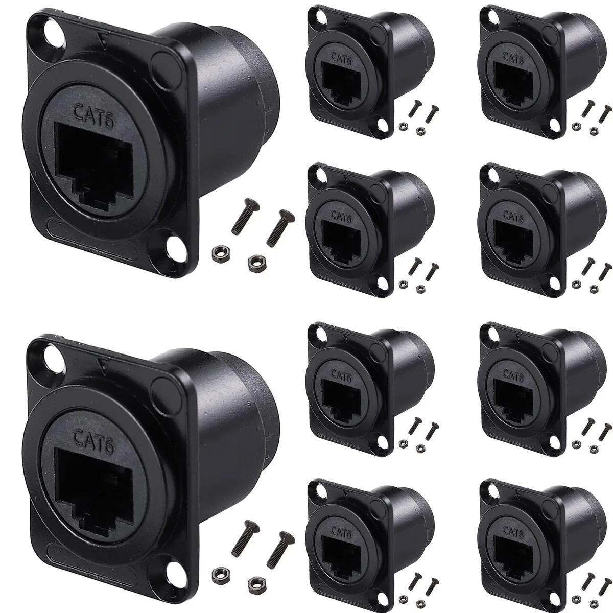Ten black D-type RJ45 couplers with zinc alloy shells and mounting screws