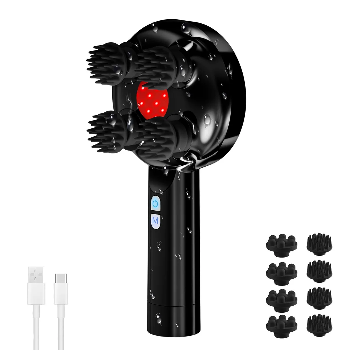Dark handheld electric scalp massager with eight soft silicone claws and ergonomic grip