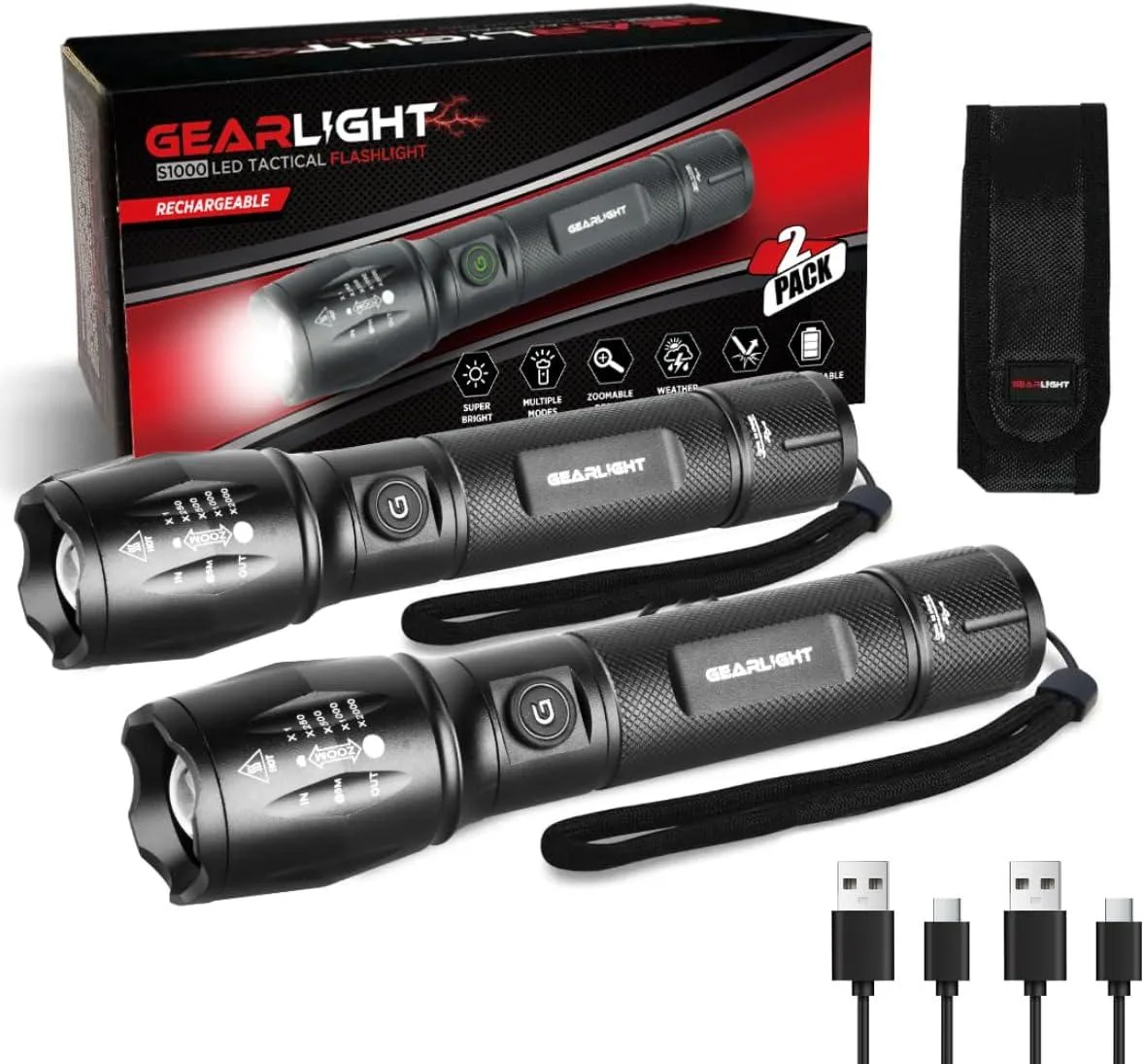 Two compact aluminium flashlights with dual buttons and USB-C ports