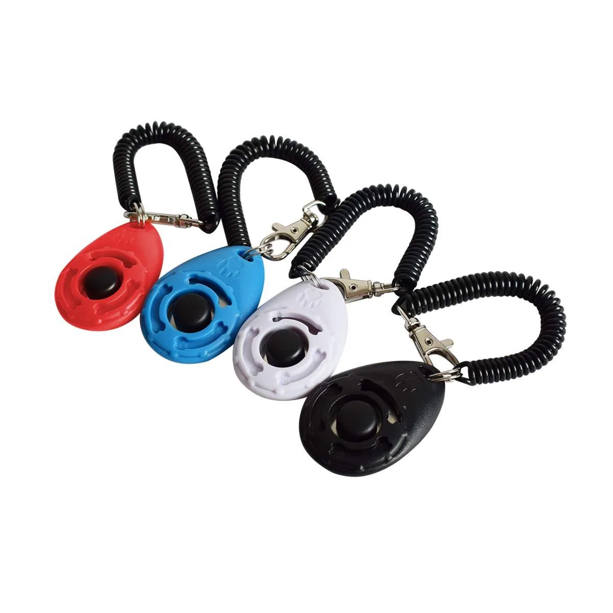 Four small rectangular clickers in black red white and blue each with a wrist strap