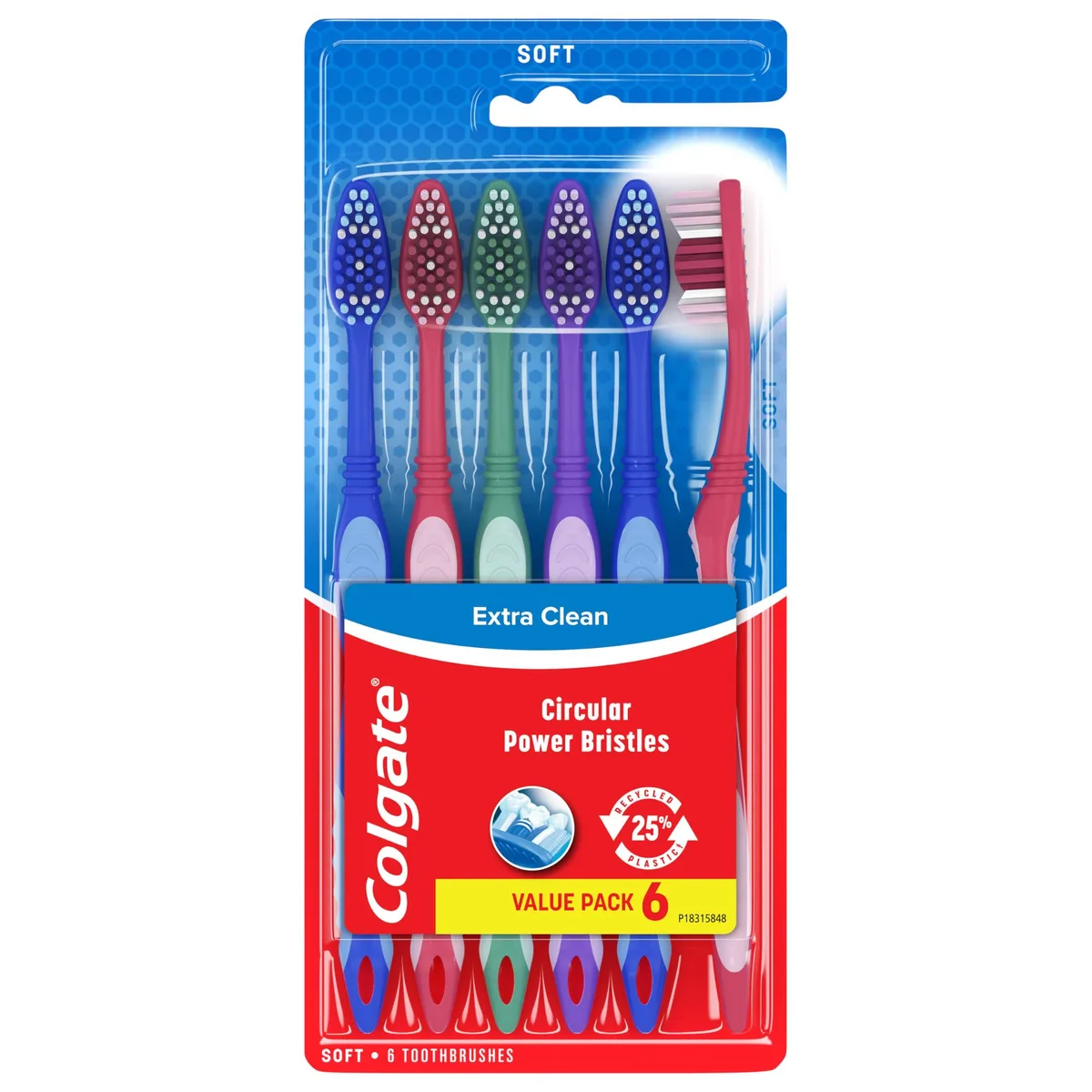 Six white manual toothbrushes with medium bristles and non-slip grips