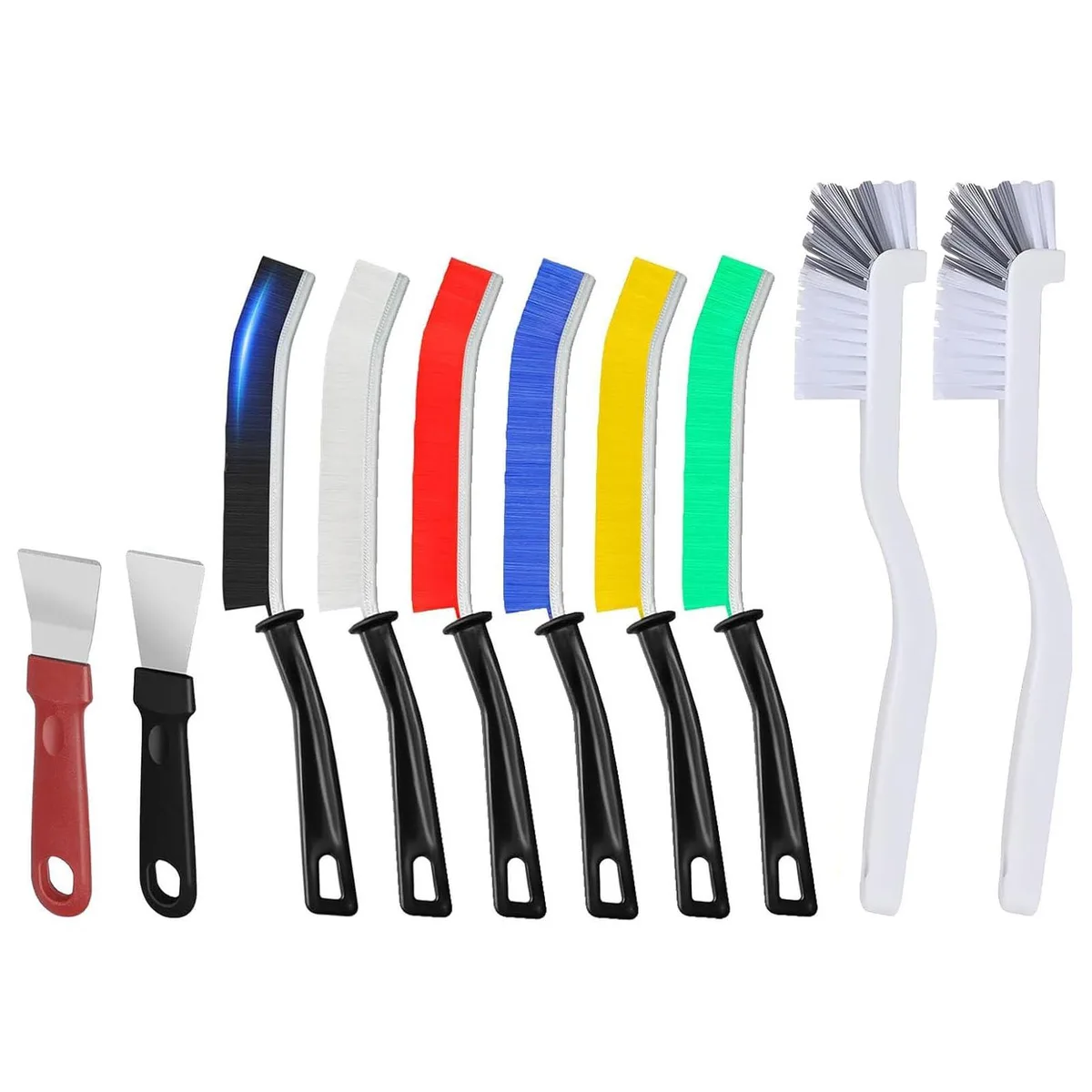 Ten-piece crevice cleaning brush set with colourful handles and scrapers