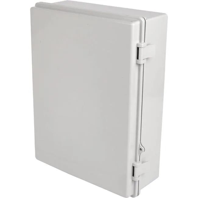 White wall-mounted enclosure with hinged door and latch, rectangular plastic form factor, smooth finish