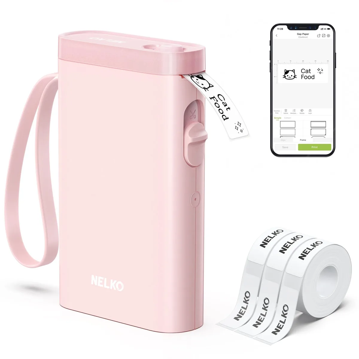 Pink compact thermal label printer with Bluetooth, 16.89 by 11.43 by 4.82 cm