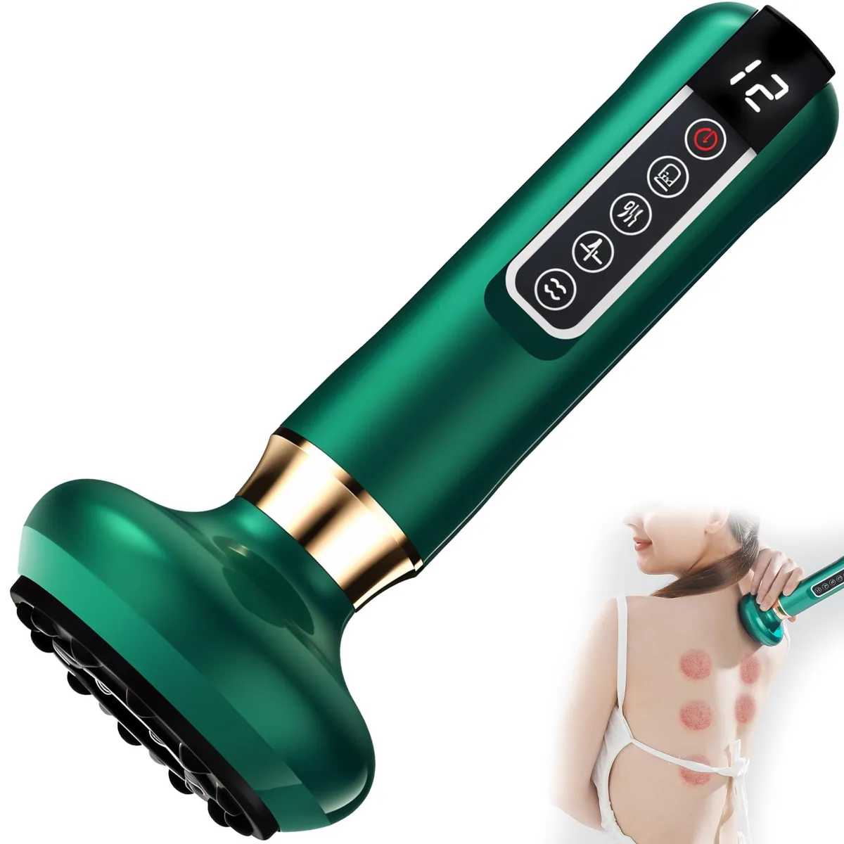 Blue handheld electric massager with textured grip and suction head