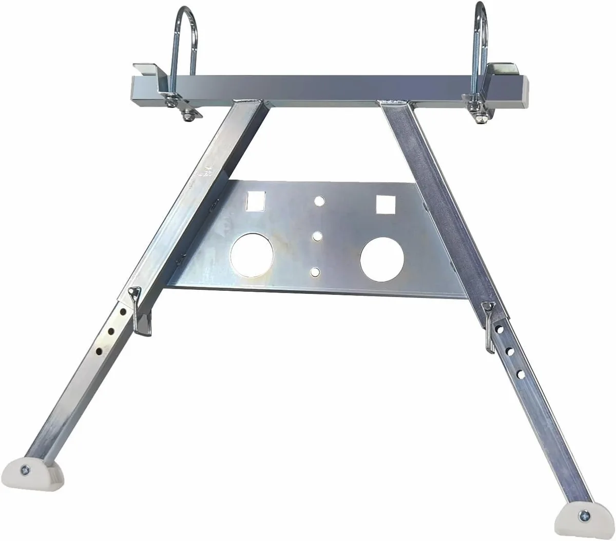 Silver steel ladder stabiliser with two telescopic legs and rubber pads, adjustable width 25 to 31 inches