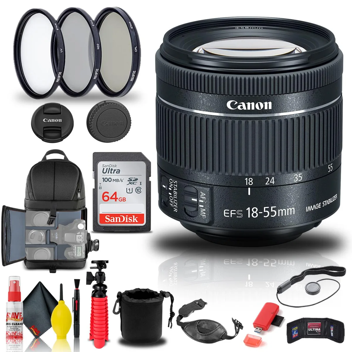 Canon Canon EF-S 18-55mm f/4-5.6 IS STM Lens Bundle with Filter Kit, Backpack and Accessories — product photo