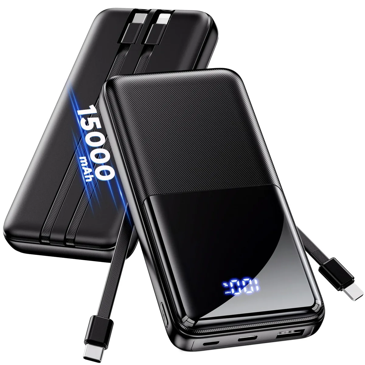  CFIAI PB-08 15000mAh power bank with built-in cables, Jet — product photo