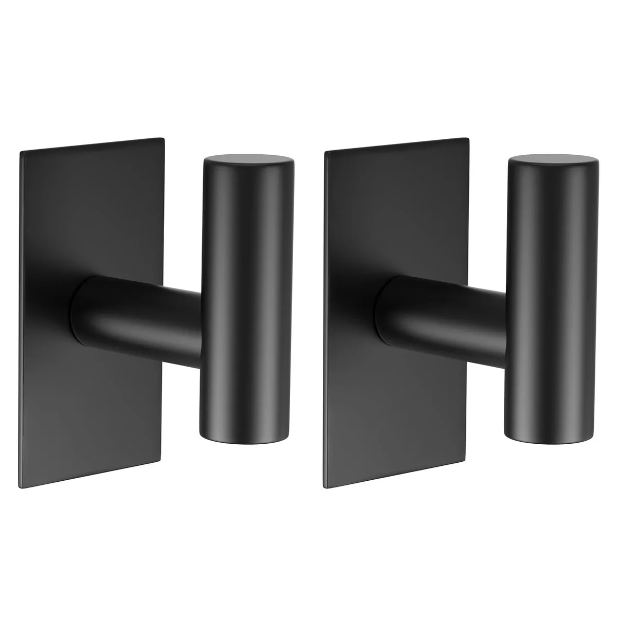 Two black stainless steel adhesive hooks, smooth finish, flat back with protective film