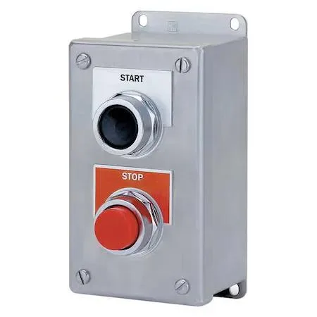 Siemens 30 mm stainless steel control station with black and red flush and raised buttons Start Stop legend IP66 NEMA 4X