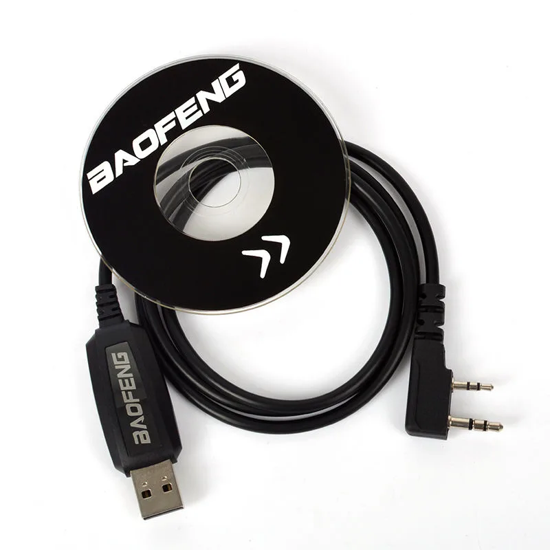 Black USB programming cable with 3.5mm and 2.5mm stereo plugs, 1m length