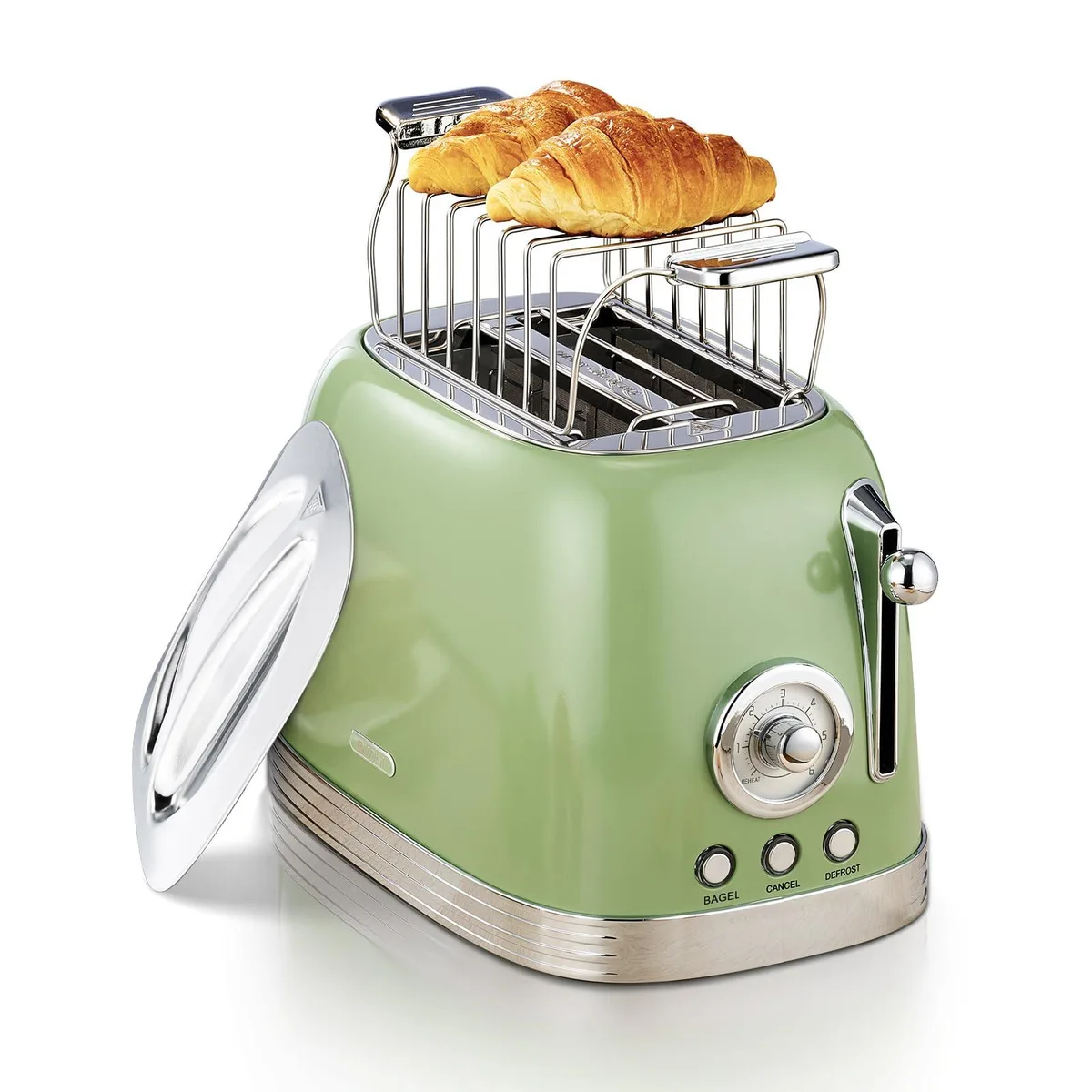 Green retro toaster with stainless steel lid and warming rack, two 1.58 inch slots