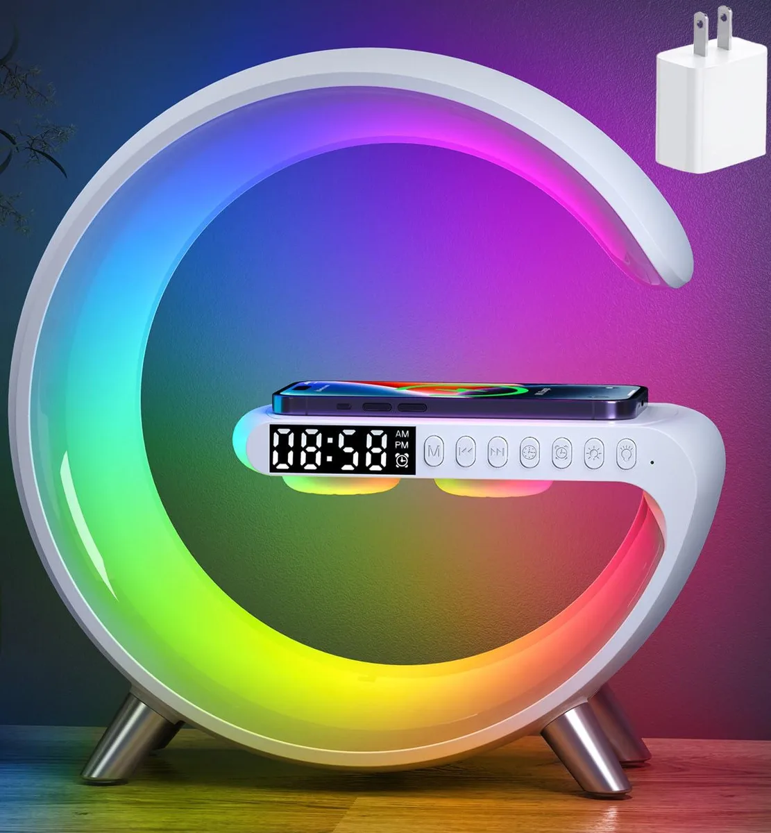 White cylindrical desk lamp with flat wireless charging top and push-button controls