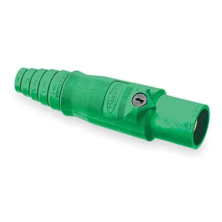 Green cylindrical inline connector with raised alignment arrow and double set screw terminals