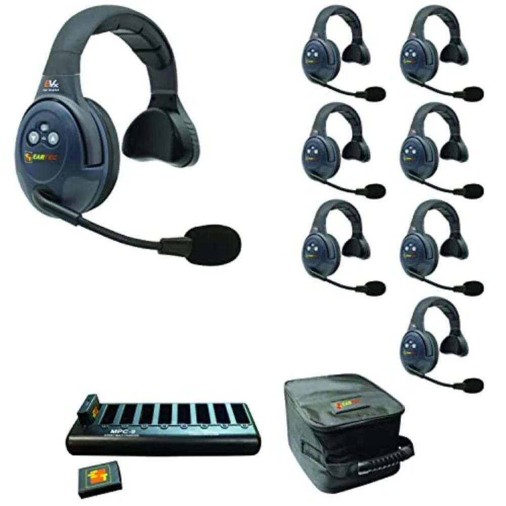 Eight single-ear wireless headsets in a soft case with a nine-bay charger