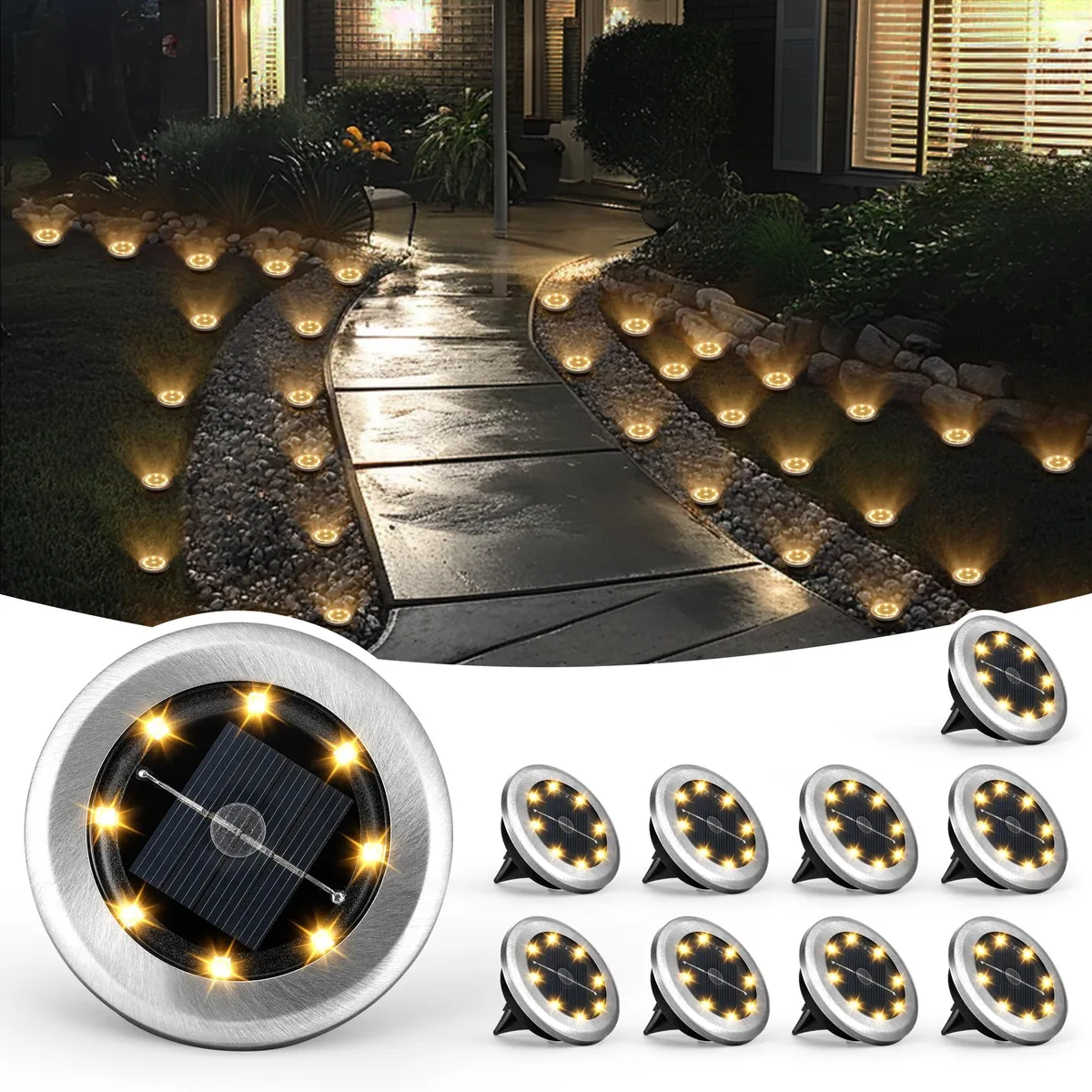 Ten stainless steel solar ground lights with plastic caps warm white LEDs stake mounted flush to ground