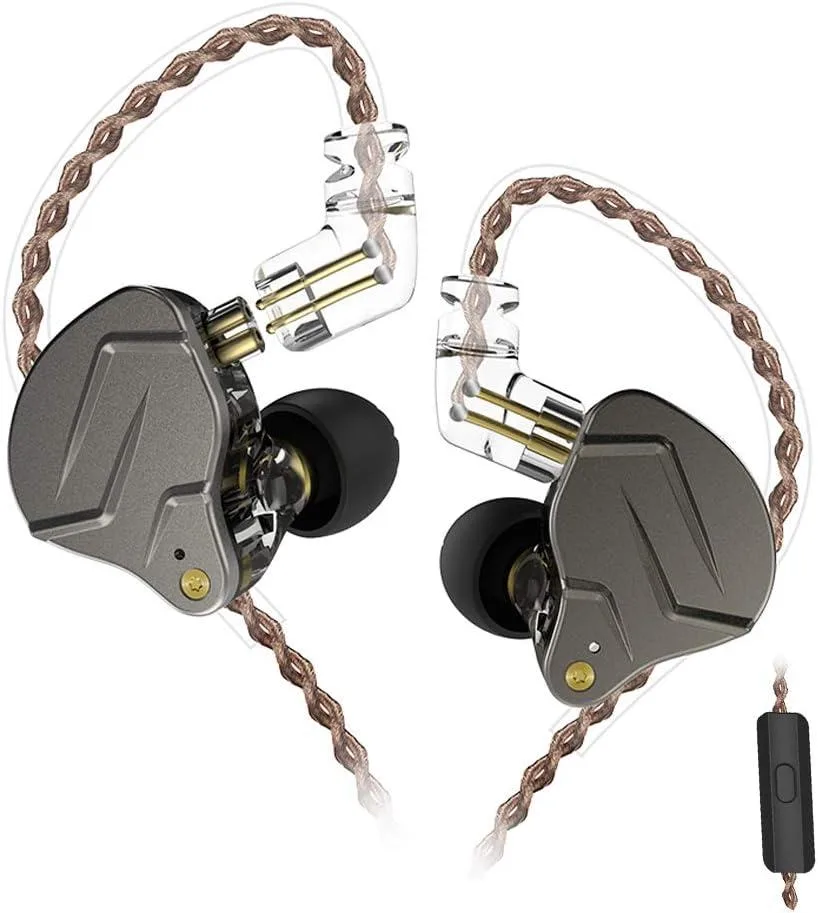 Gray in-ear monitors with metal faceplates, resin shells, detachable cable and inline microphone