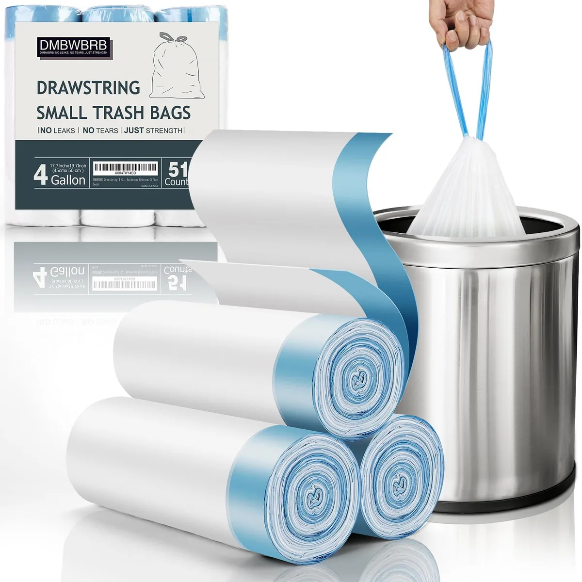 Pack of 51 white 4-gallon drawstring trash bags made from 1.2 mil HDPE