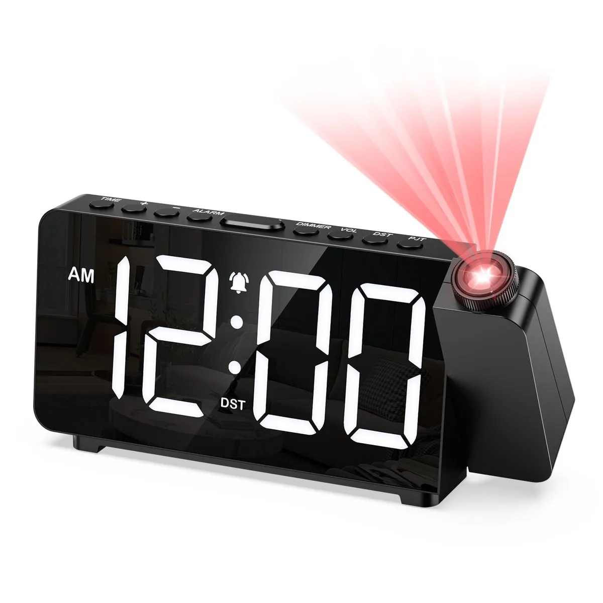 Black and white rectangular alarm clock with 6.4 inch LED display and adjustable projector on top