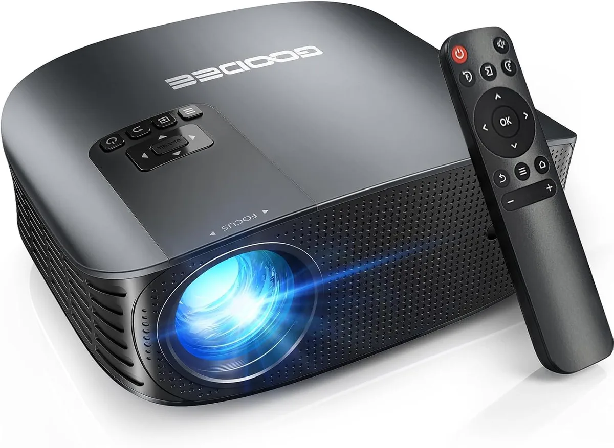 Compact portable projector with matte finish and built-in speakers