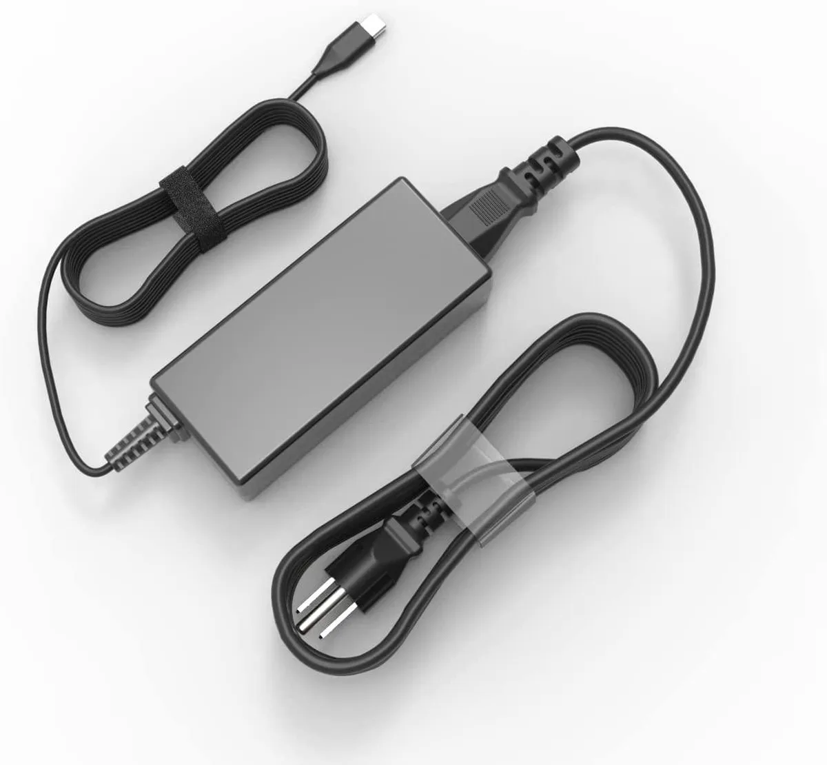 Compact black USB-C laptop charger with detachable cable