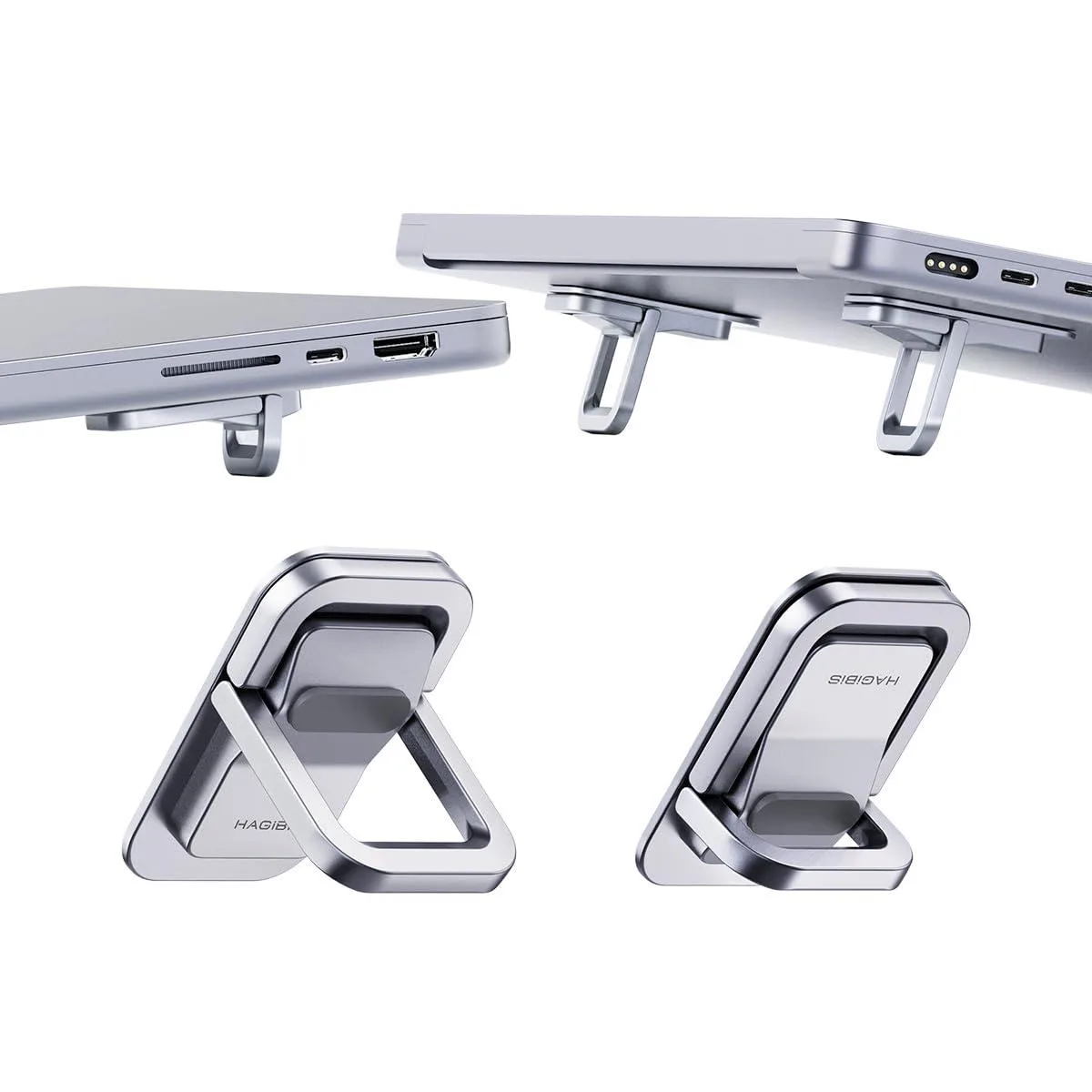 Two silver aluminium laptop risers with three adjustable height settings, brushed finish, compact tripod form