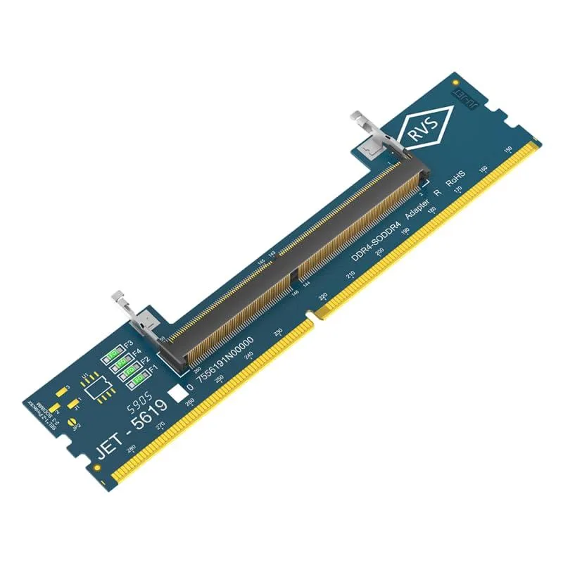 Green PCB adapter board with gold SO-DIMM and DDR4 slots