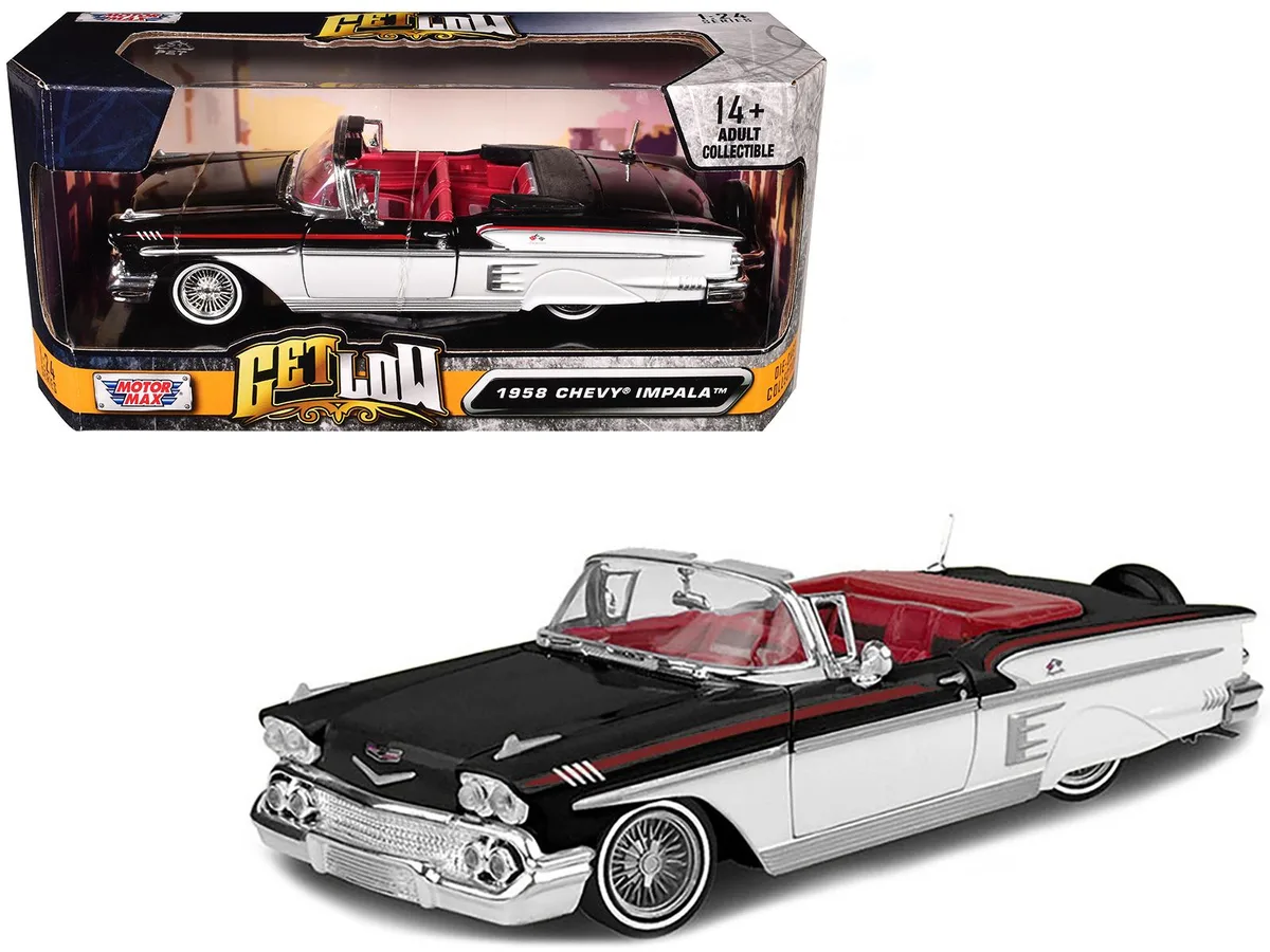 MOTORMAX MOTORMAX 1958 Chevrolet Impala Convertible Lowrider Black White Red Interior Get Low 1/24 Diecast — product photo